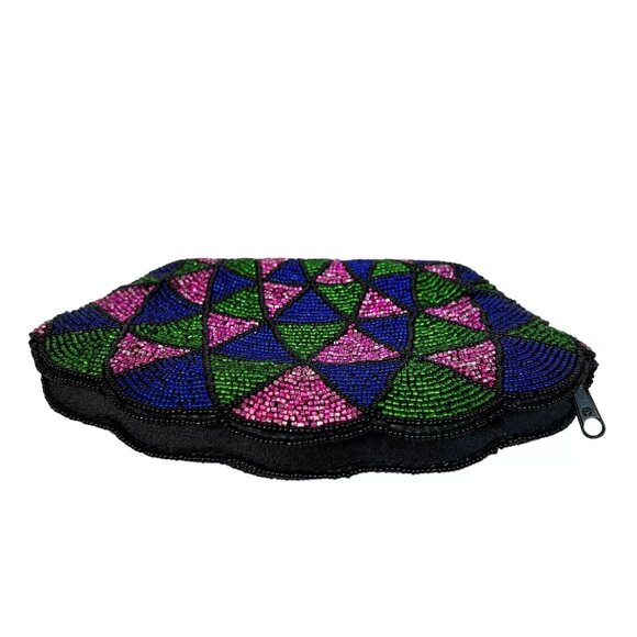 Vintage 80's Neiman Marcus Hand Beaded Shell Shaped Geometric Clutch With Zipper - Picture 5 of 11